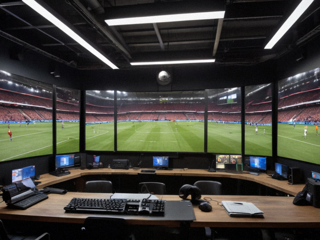体育直播间内多场足球比赛同时播放的监控画面