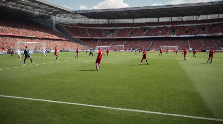 足球比赛现场球员在草坪上传球，看台上球迷挥舞队旗