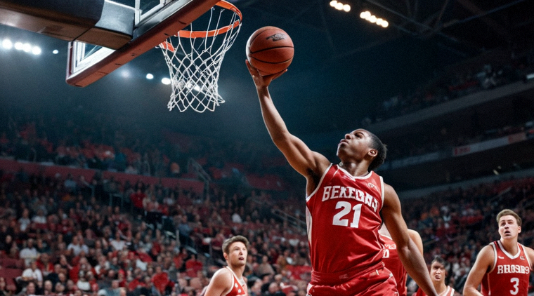 篮球比赛中球员在球场上突破上篮的比赛画面
