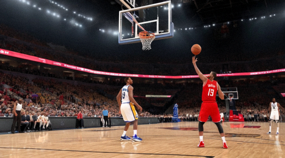 篮球比赛现场球员上篮与说球帝NBA赛事数据展示
