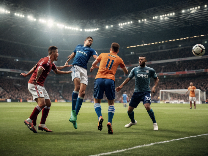 足球联赛比赛现场球员在禁区内争顶头球的画面