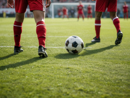 足球比赛中球员在草坪上传球组织的比赛画面